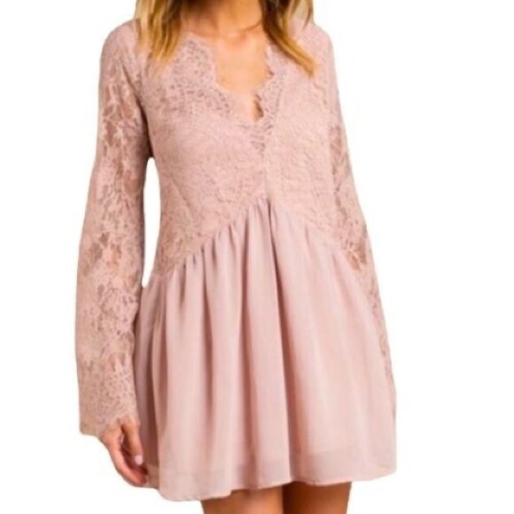 TOBI Blush Pink Nude Lace Scallop Plunge Chiffon Mini Dress Bell Sleeve … - Picture 7 of 16
